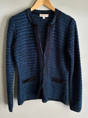 After The Rain Cardigan M Blue Black Metallic Tweed Knit Beaded Jacket